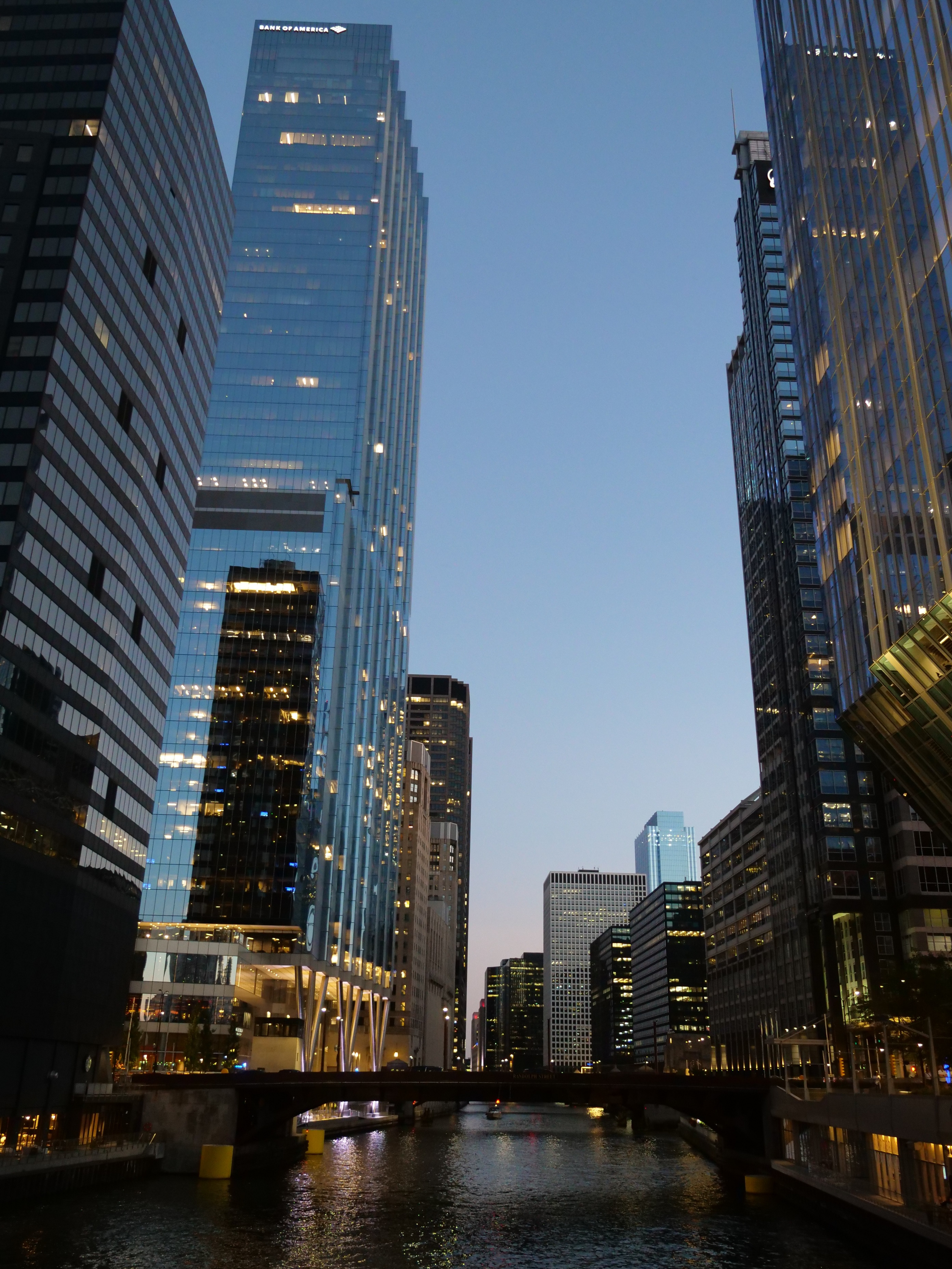 Chicago architecture along the river at dusk