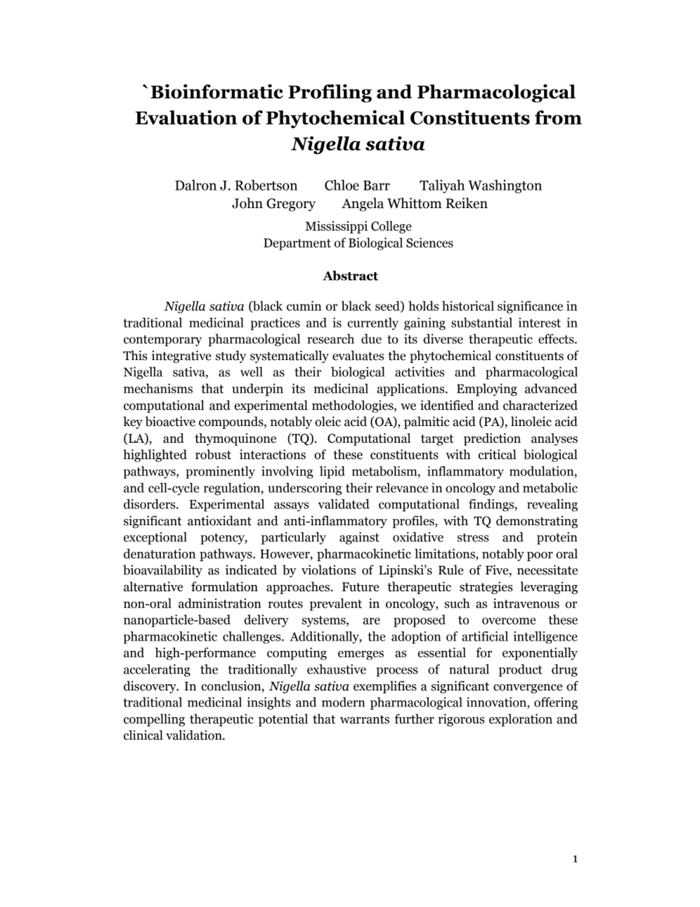 Bioinformatics and Pharmacology of Nigella sativa